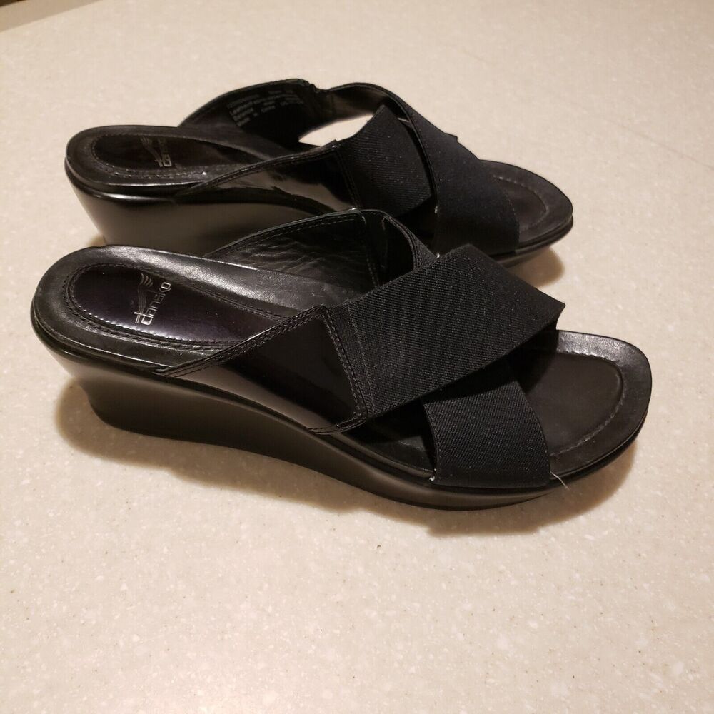 Dansko Ava Womens Black Cross-Strap Open Heel Wedge Comfort Sandals Sz 38/ 8